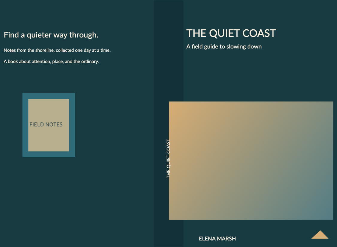 Synthetic full-wrap cover for The Quiet Coast, showing separate back, spine and front artwork